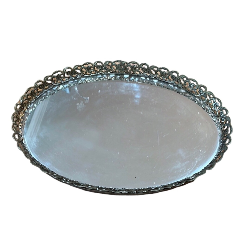 Vintage Mid Century Mirrored Vanity Tray Gold Ormolu Gallery Oval Mirror Decor